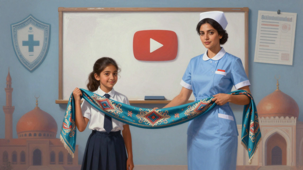 Uzbek nurse and Emirati girl connected by a traditional scarf, symbols of work, education, and culture around them.