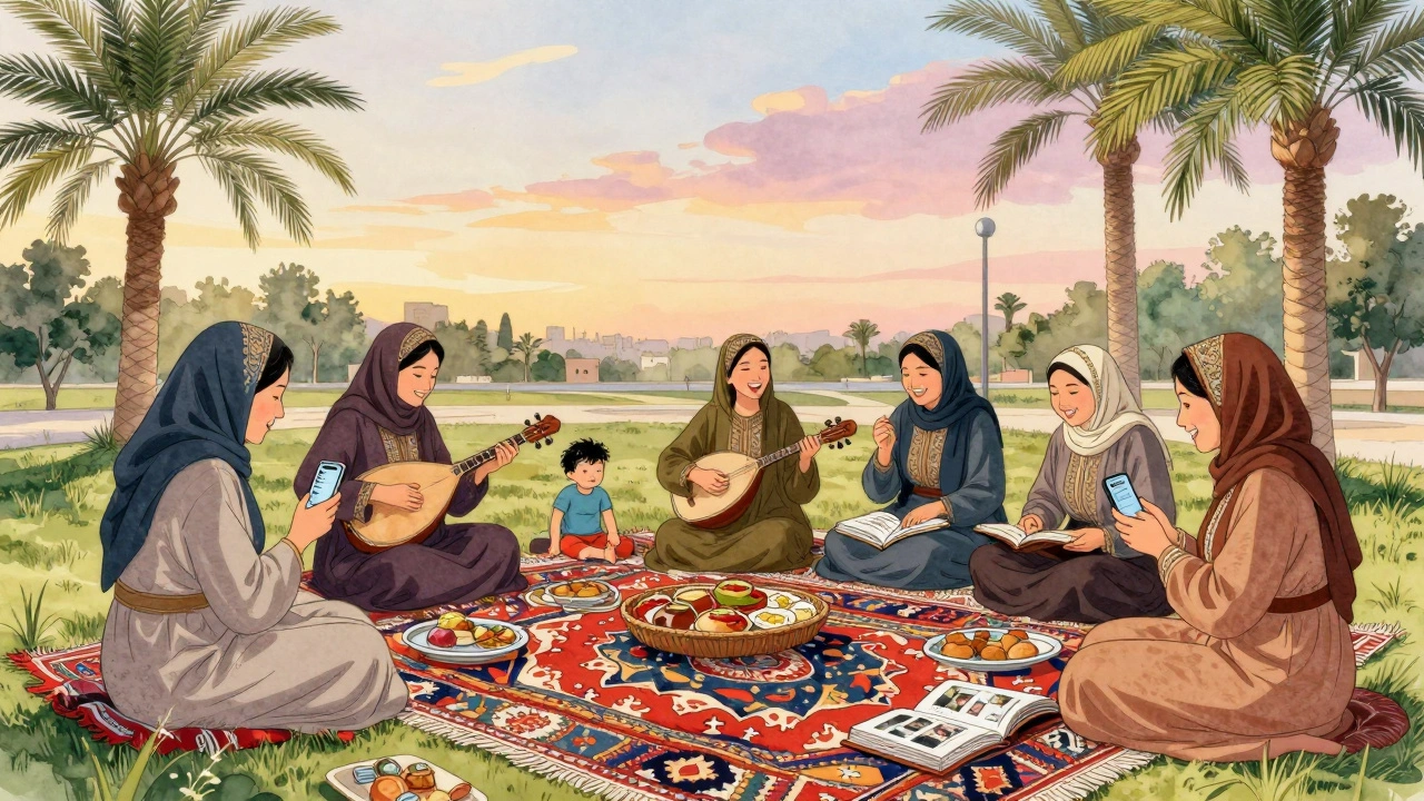 Uzbek women relaxing in Zabeel Park on a weekend, playing music and sharing food with family photos.