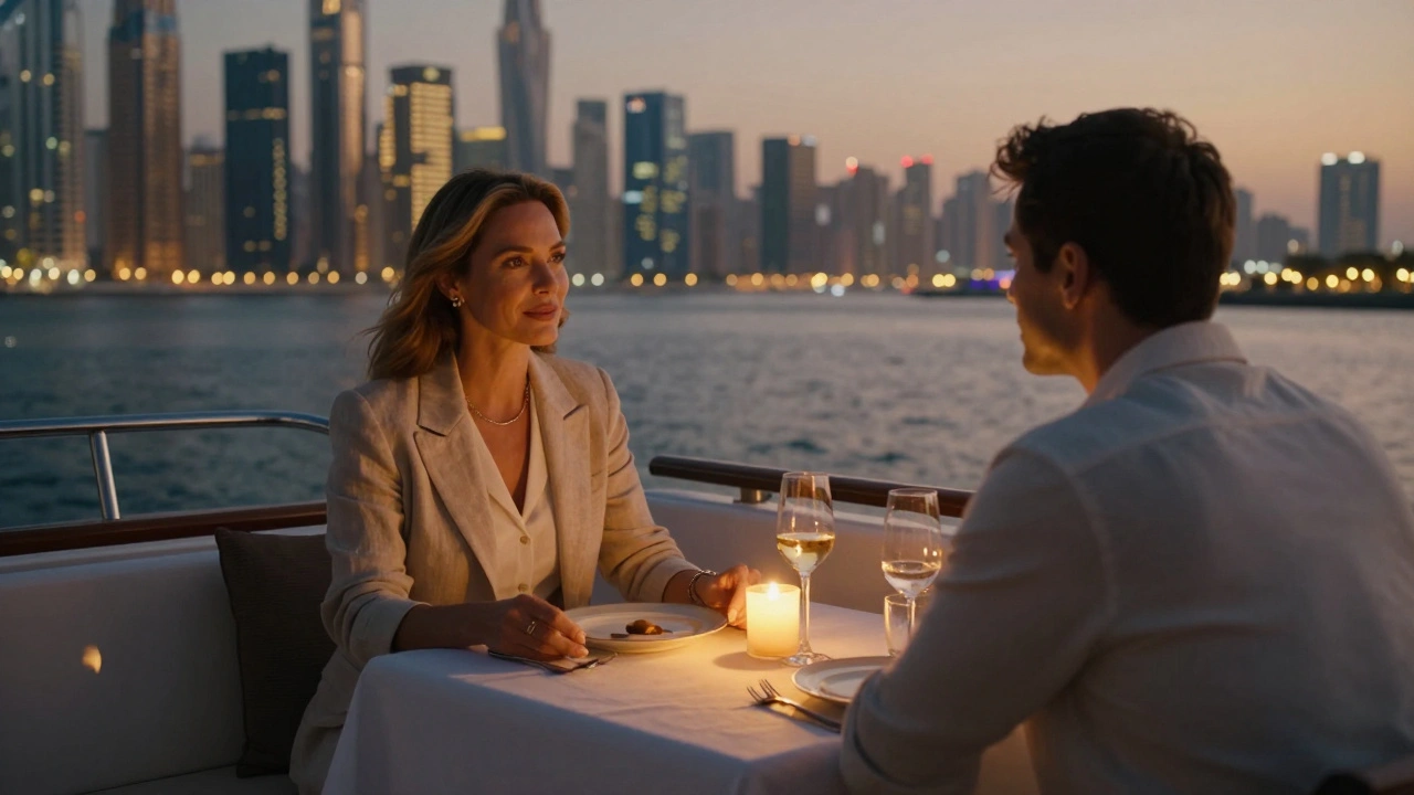A couple having a private dinner on a luxury yacht at dusk, with Dubai’s skyline glowing softly behind them.