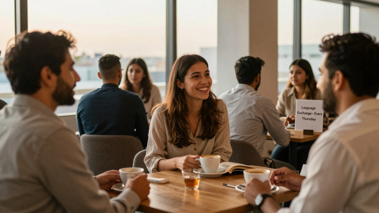 A diverse group of expats laugh and converse over coffee at a social club, with natural light and a 'Language Exchange' sign in view.