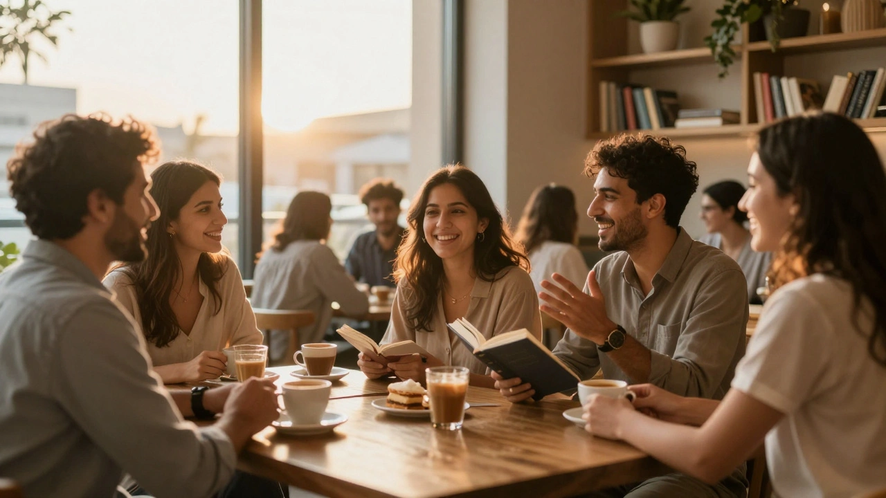 A diverse group of expats laughing together in a cozy Dubai café at sunset.