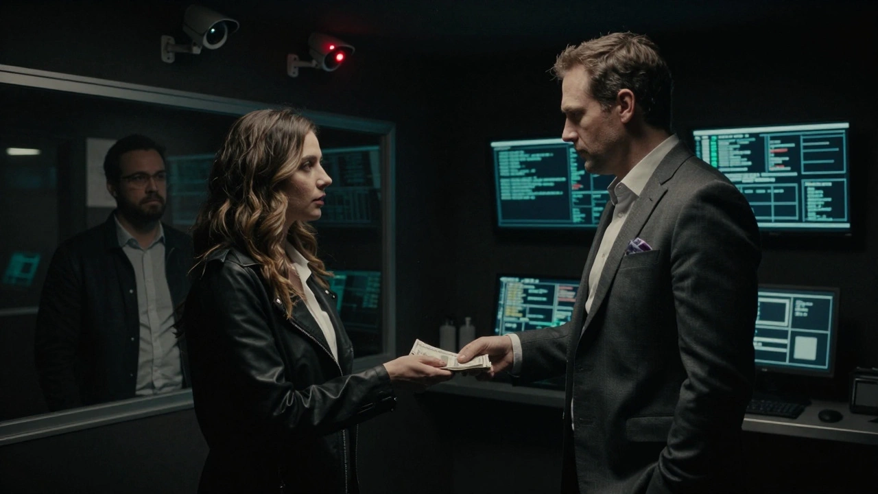 A man hands cash to a woman in a shadowy room, with surveillance cameras and encrypted screens visible in the background.