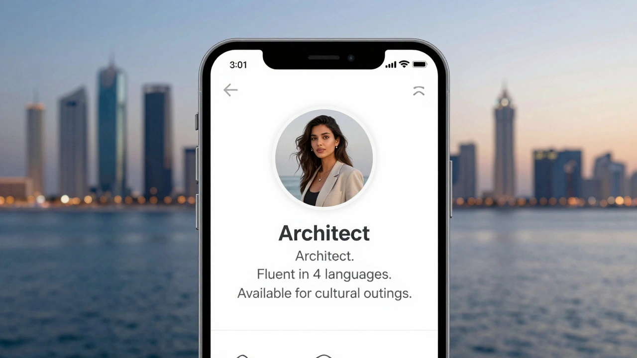 A secure messaging app showing a professional escort's subtle profile with a cultural bio.