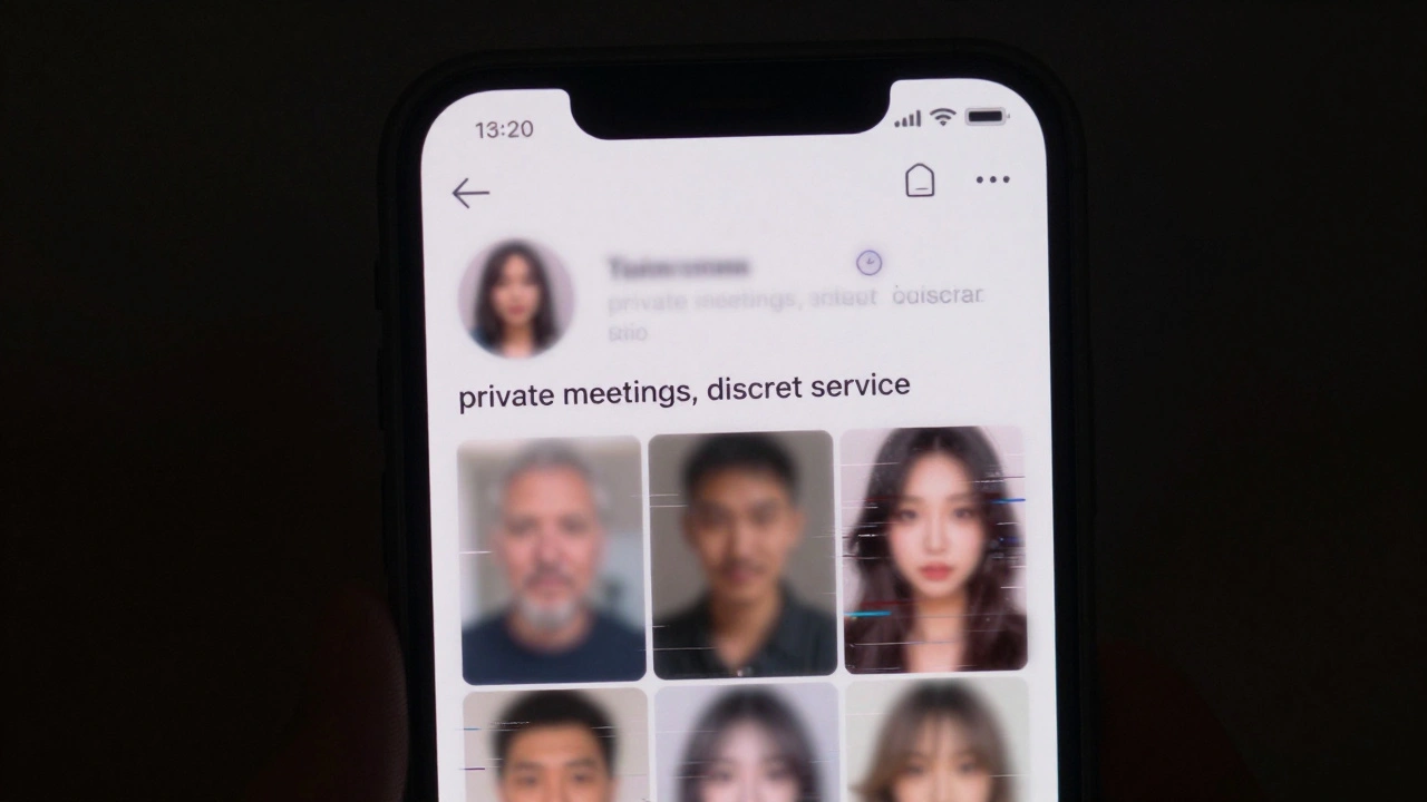 A smartphone screen displaying a coded Instagram profile with blurred images and glitch effects.
