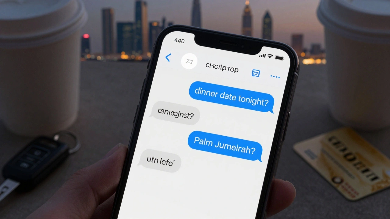 A smartphone screen with coded Telegram messages about a meeting, beside a hotel keycard in a dimly lit room.