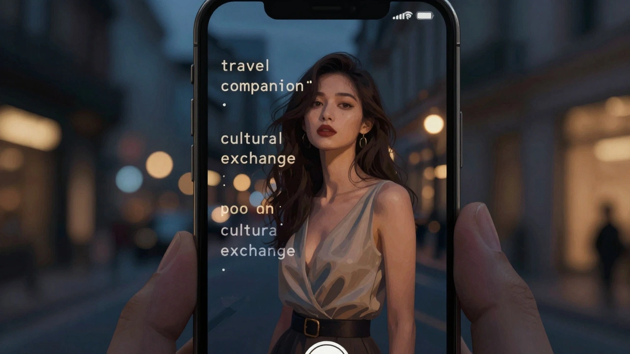 A smartphone shows a coded social media profile with suggestive but non-explicit imagery and phrases.