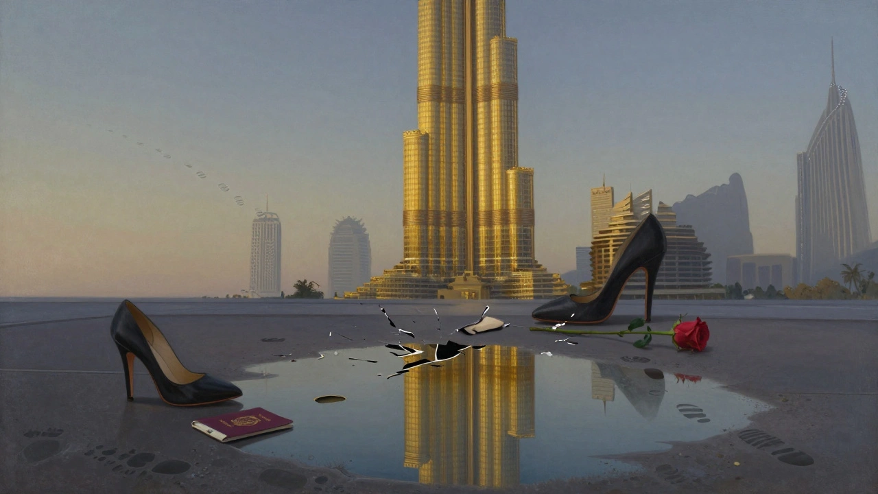 Burj Khalifa's reflection shattered in a puddle with discarded shoes, passport, and a rose on the ground.