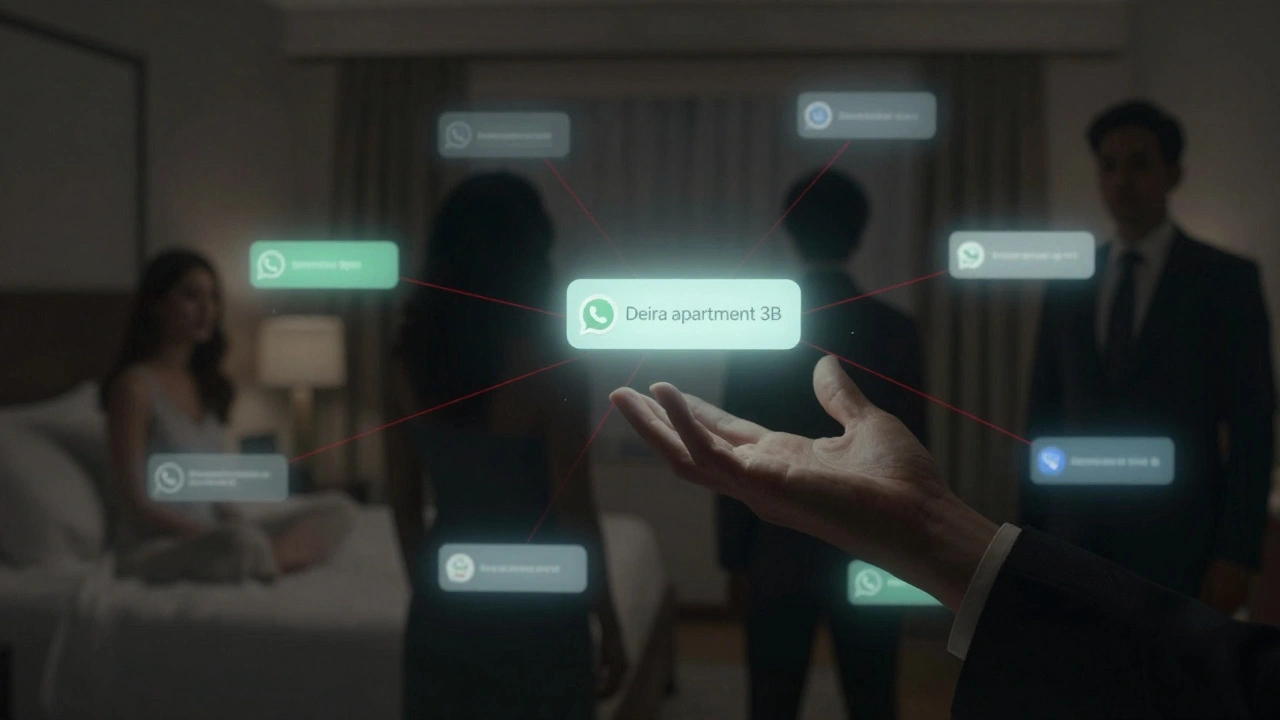 Digital messages glowing on dark screens, connected by red threads to hidden figures in hotel rooms.