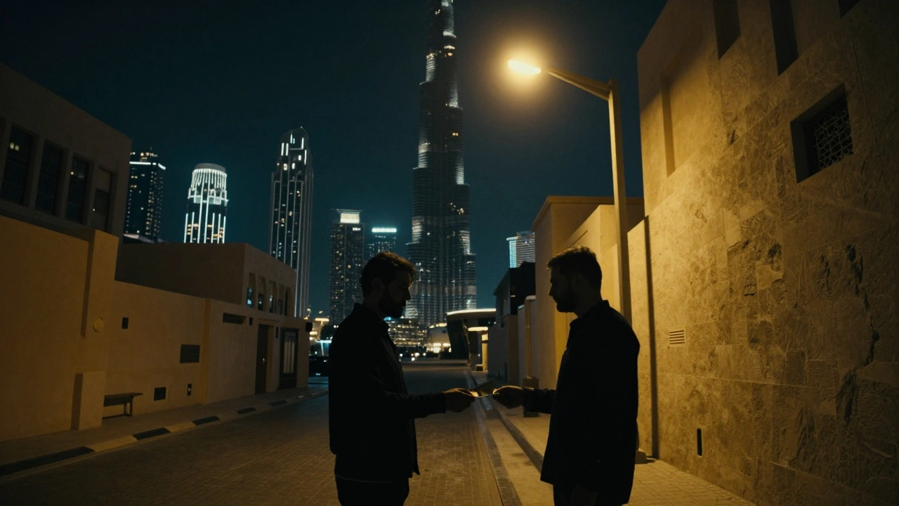 Two shadowy figures exchanging money in a quiet Dubai alleyway, with the city’s glittering skyline in the background.