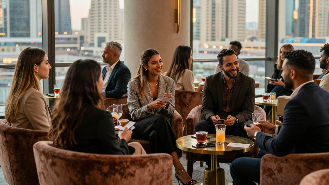 Diverse professionals socializing at a vibrant Dubai lounge event, enjoying genuine connection.