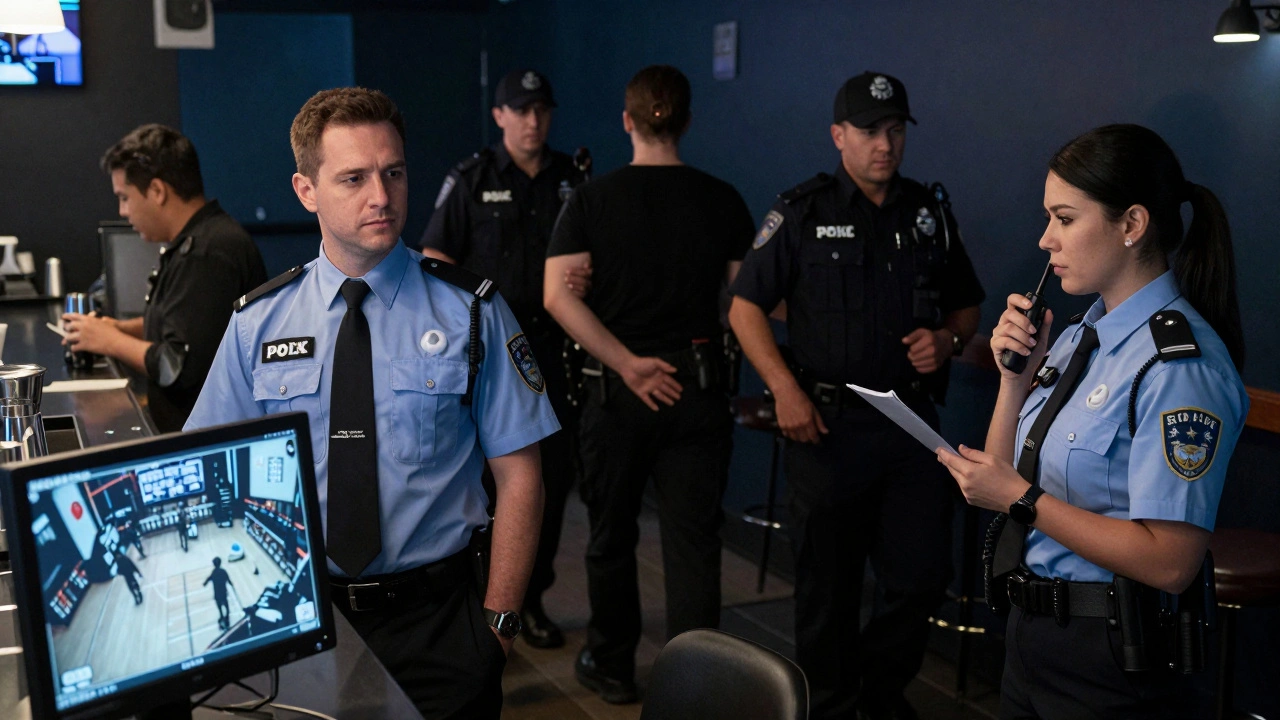 Security personnel monitoring a Dubai bar and escorting out a visitor for inappropriate behavior.
