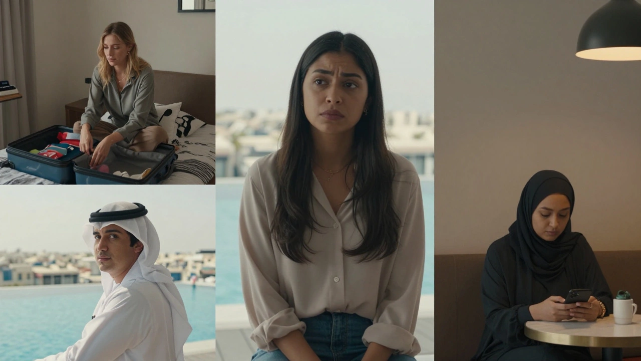 Three women from different backgrounds each experiencing isolation in Dubai’s luxury cityscape.