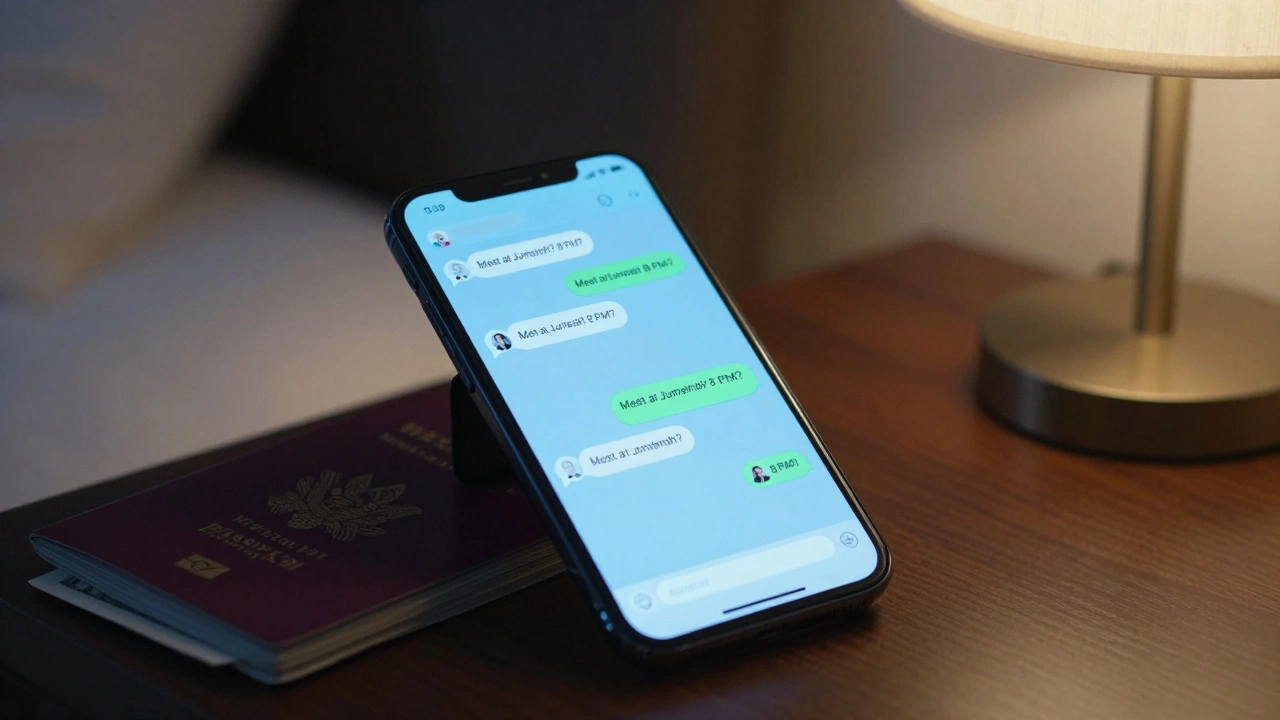 A smartphone displaying encrypted WhatsApp messages on a hotel nightstand with cash and passport.