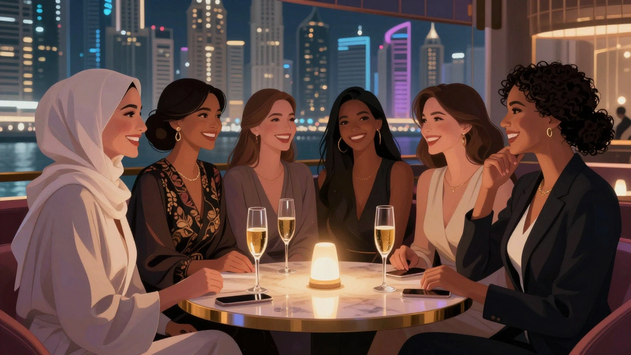Diverse group of women laughing together at a Dubai nightclub, dressed in abayas and formal wear, enjoying the night.