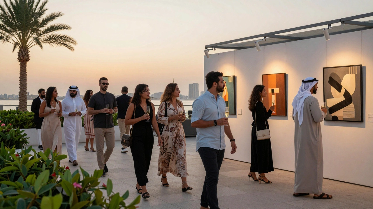 Expats enjoying an upscale art gallery event at sunset along Abu Dhabi's Corniche.