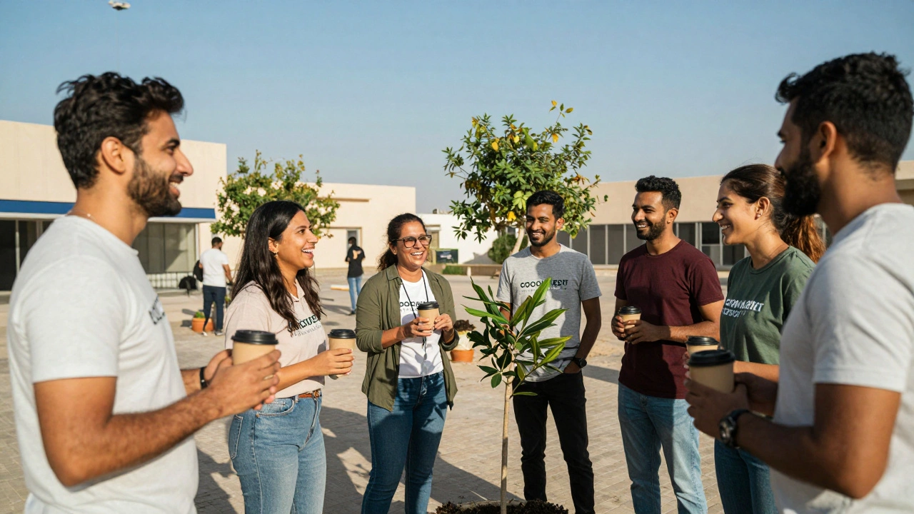 Expats volunteering together at a community event in Dubai, planting trees and smiling.